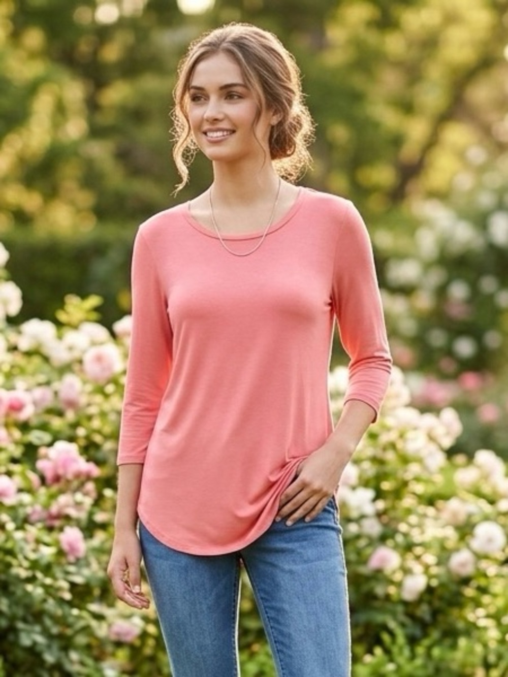 Olivia Sky Coral Scoop Neck 3/4 Sleeve Top